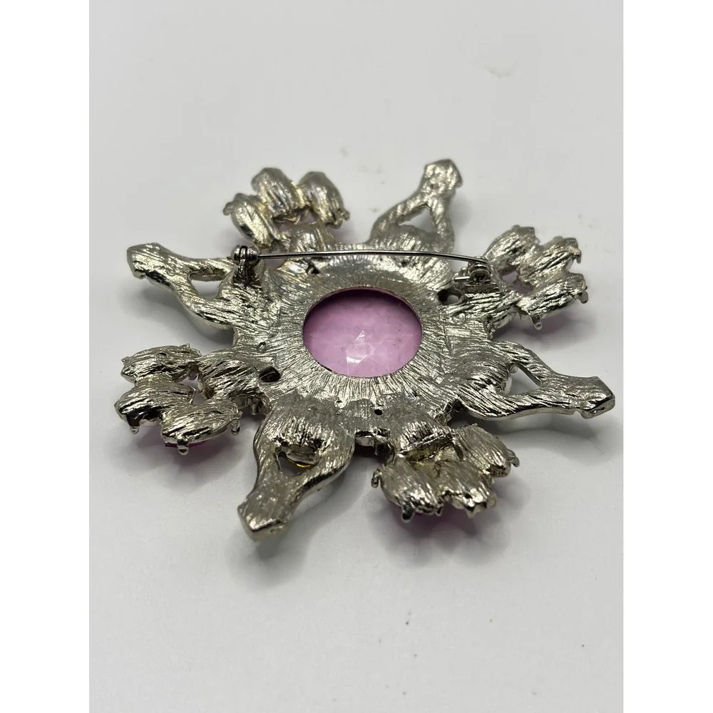 Sonoma Purple‎ Green Rhinestone Starburst Brooch Silver Tone Statement Pin